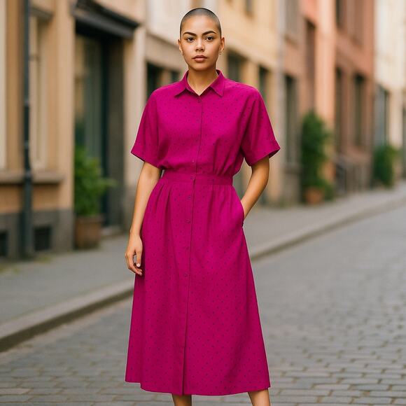 Vintage 90s HEARTS Fuchsia Polka Dot Midi Dress Button Front Career Wear Size 10 - Picture 1 of 14